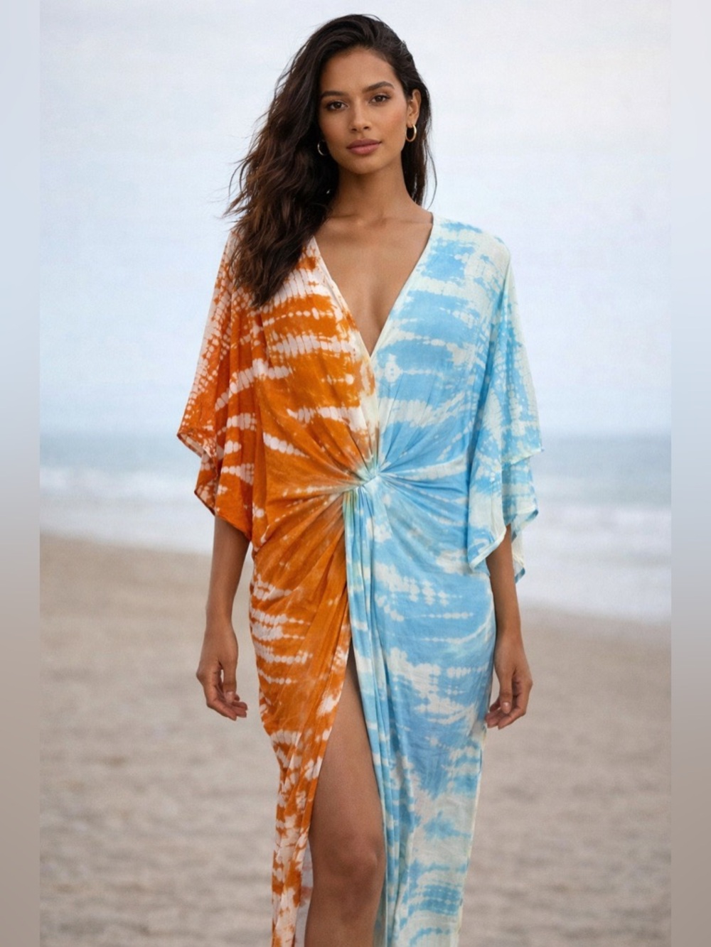 Young Fabulous & Broke Tie-Dye Midi Dress in Orange & Light Blue